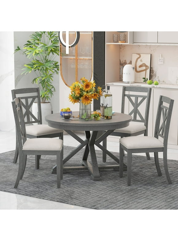 Dining Table Set for 4, Atumon Dining Room Set with Extendable Round Table and 4 Upholstered Dining Chairs, Farmhouse 5 Piece Dining Table and Chairs Set for Apartment Kitchen Dining Room, Gray