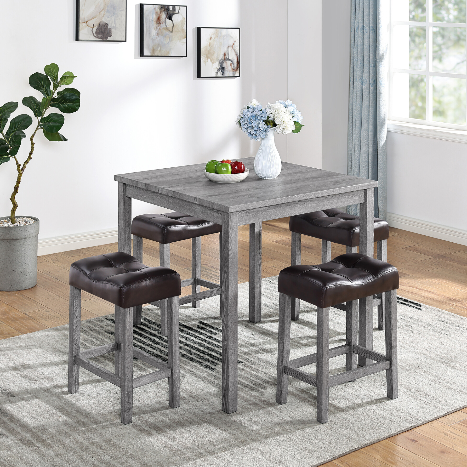 Dining Table Set for 4, Bar Table and Chairs for 4 with Upholstered Cusion Stools, 5 Piece ...