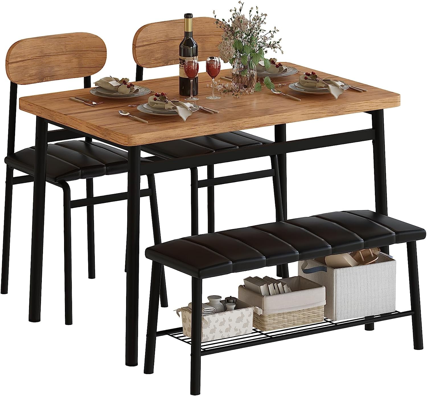 Dining Table Set for 4 with Bench and 2 Upholstered Chairs, 4 Piece ...