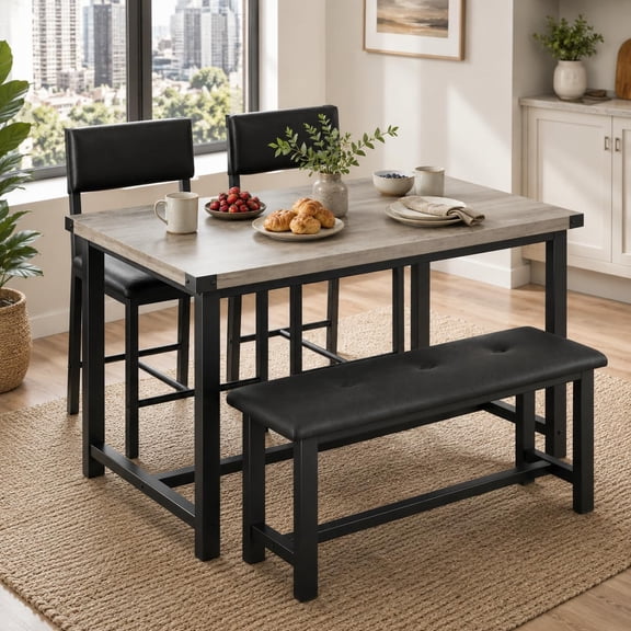 Dining Table Set for 4 with Chairs and Bench, Space-Saving Design, Upholstered Seating, Steel Frame, Water-Resistant Tabletop, Ideal for Apartments and Small Dining Areas,Grey