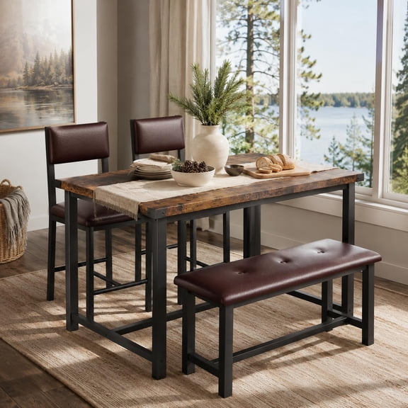 Dining Table Set for 4 with Chairs and Bench, Space-Saving Design, Upholstered Seating, Steel Frame, Water-Resistant Tabletop, Ideal for Apartments and Small Dining Areas,Retro
