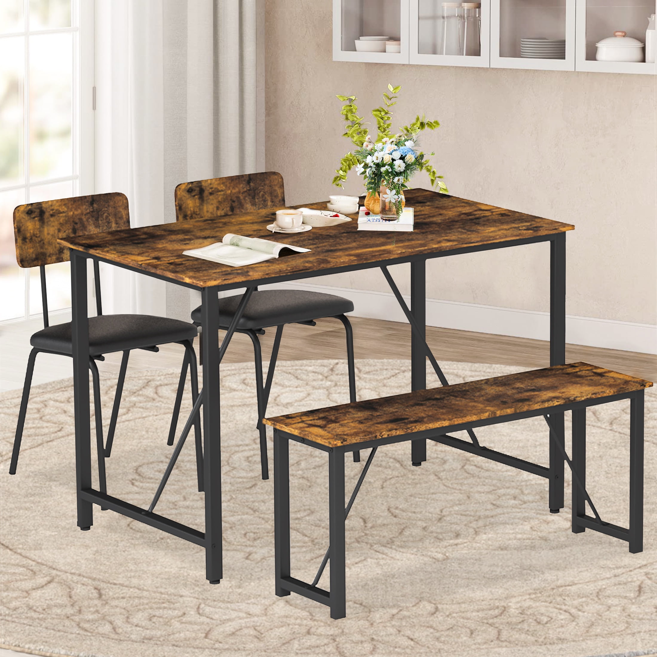 Dining Table Set for 4 Counter Height Kitchen Table Set with 2 Chairs and Bench Modern Brown Pub Table Set Saving Space Dining Room Table Sets for