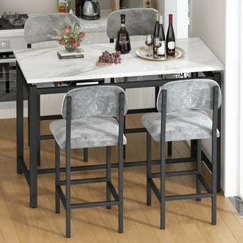 Dining Table Set for 4, Counter Height Kitchen Table Set with Chairs for 4, 5 Piece Bar Table and Stools Set, Modern Dining Room Set with Wine Rack, Faux Marble Table and PU Leather Chair, Gray