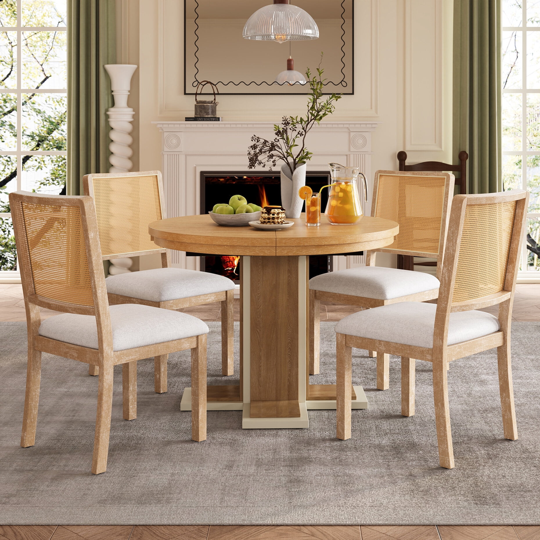 Dining Table Set for 4, Extendable Kitchen Table Cushion Chairs Set of 4, Round Dining Table ...