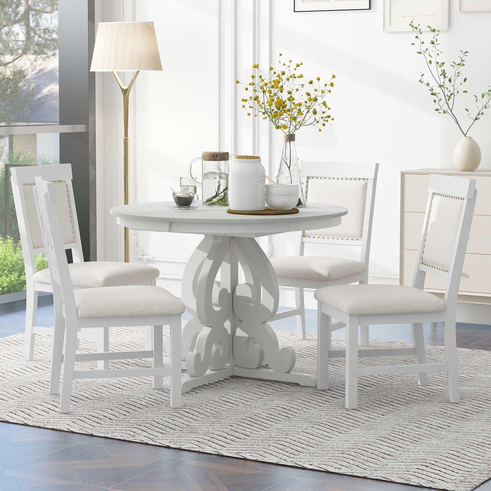 White Extendable Round Pedestal Dining Table Set with Upholstered Chairs