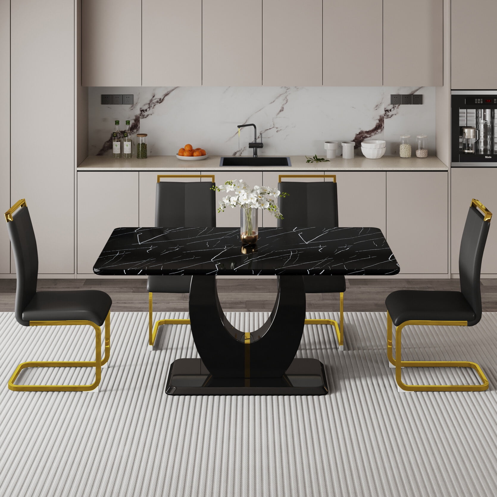 Dining Table Set for 4, Faux Marble Dining Table Set with 4 PU Leather ...