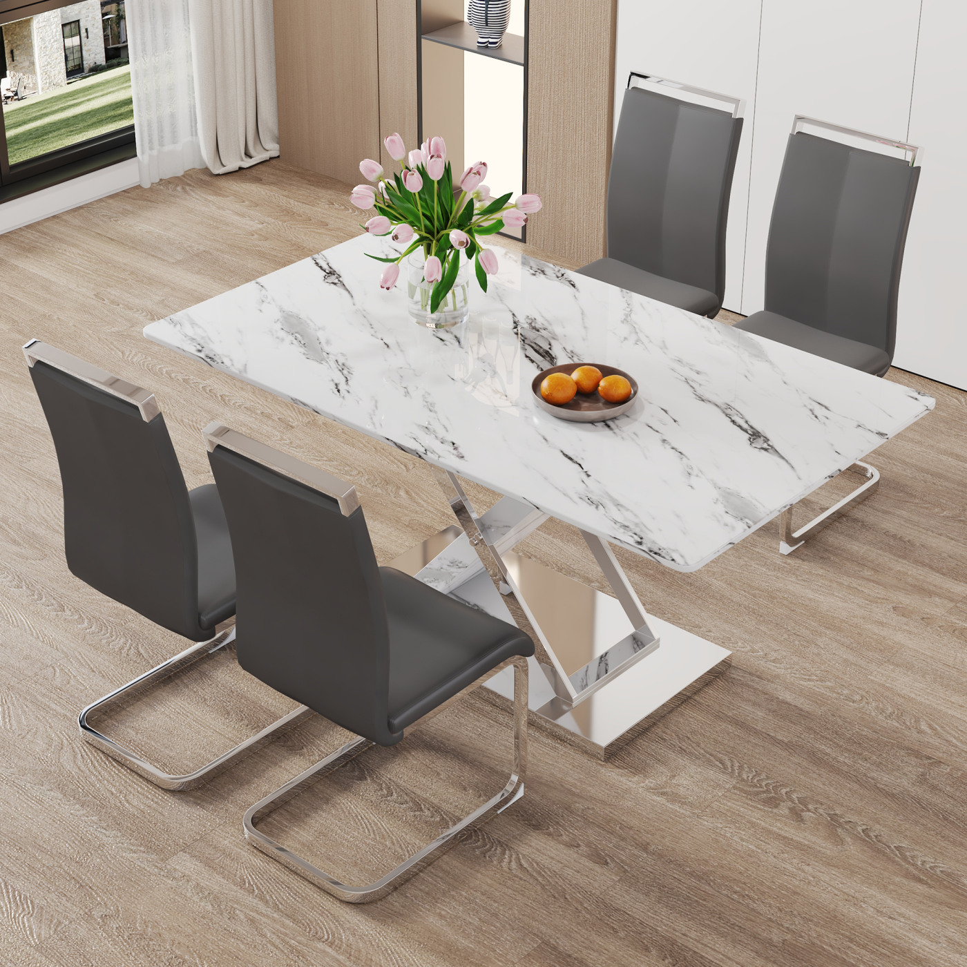 Dining Table Set for 4, Faux Marble Dinner Table Set with 4 Upholstered ...