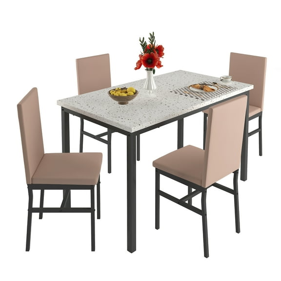 Dining Table Set for 4, Faux Marble Top Dining Table with 4 PU Leather Chairs, Compact Dining Room Set for Small Space, Modern Dinette Set for Kitchen Dining Room Restaurant Coffee Shop Domestic
