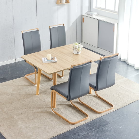 Dining Table Set for 4,Foldable Wooden MFC Tabletop Dining Room Table,Modern Kitchen Table with 4 PU Leather Cushion Side Chair, Wood Grain Office Desk Computer Desk(Wood)