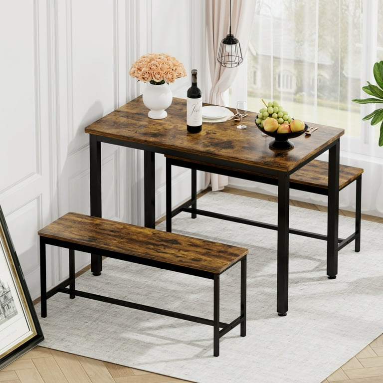 Dining Table Set for 4 Industrial Counter Height Bar Table with 2 Benches Space Saving Kitchen Breakfast Table with MDF Board Steel Frame for