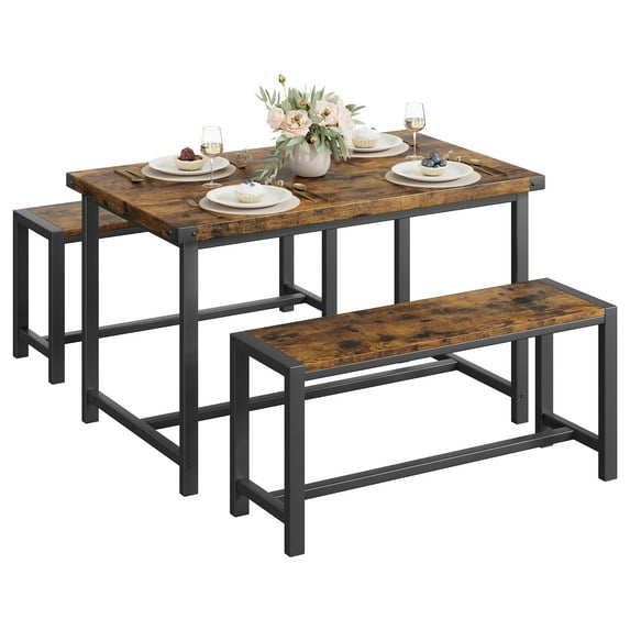 Dining Table Set for 4, Kitchen Table with Benches, Rectangular Dining Room Table Set with Sturdy Benches, 3 Piece Kitchen Table Set for Small Space, Apartment, Studios, Rustic Brown