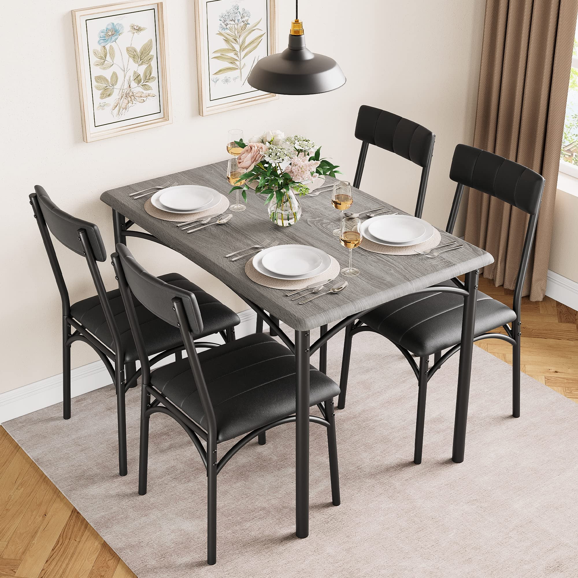 5Piece Dining Set for 4 with Upholstered Chairs and Rectangular Table