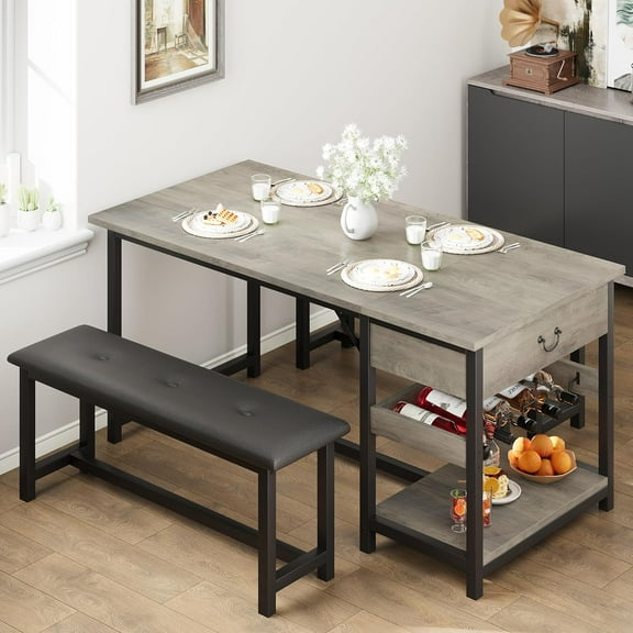 Dining Table Set for 4, Kitchen Dining Table Set with Upholstered Benches, Kitchen Dining Room Table with Storage Drawers & Wine Rack for Small Space-Grey