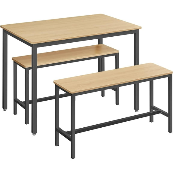 Dining Table Set for 4, Kitchen Table with 2 Benches, 27.6 x 43.3 x 29.5 Inches Dining Room Table, 11.8 x 38.2 x 19.7 Inches Bench, Golden Oak and Ink Black