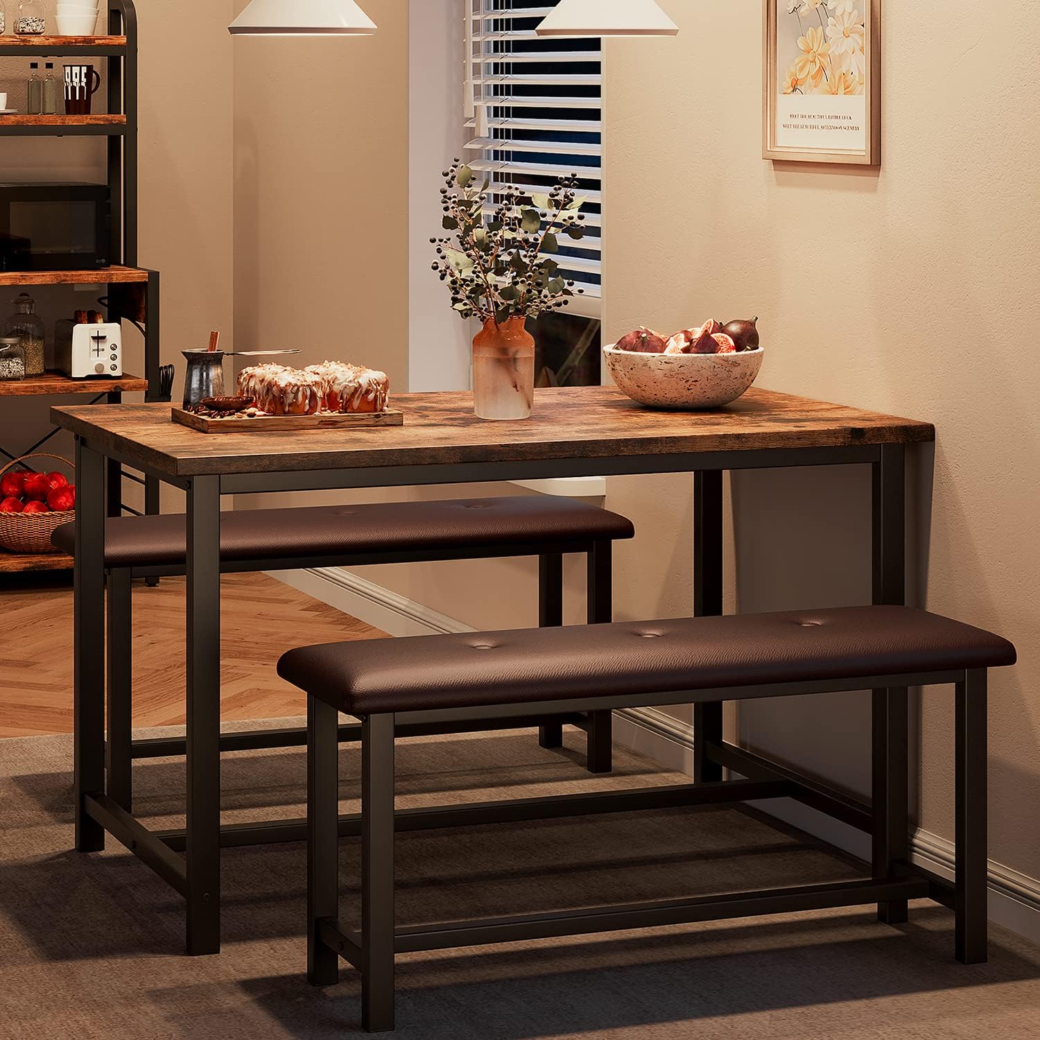Dining Table Set for 4, Kitchen Table with 2 Benches, 3 Piece Dining Room Table Set with ...