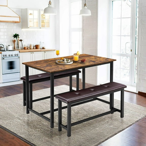 Dining Table Set for 4, Kitchen Table with 2 Benches, 3 Piece Dining Room Table Set with Upholstered Benches, Space-Saving Kitchen Table Set for Small Space, Apartment, Studio, Rustic Brown