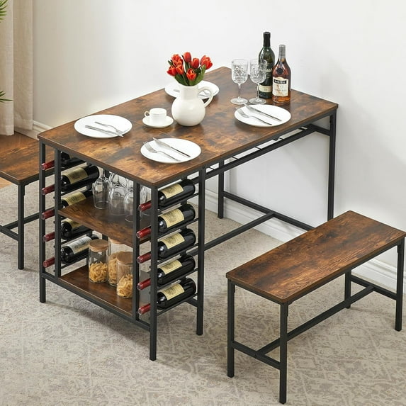 Dining Table Set for 4, Kitchen Table with 2 Benches, Wine Rack and Storage Shelf, Rectangular Dining Room Table Set, 3 Piece Dining Table Set for Small Space, Apartment, Dinette, Rustic Brown