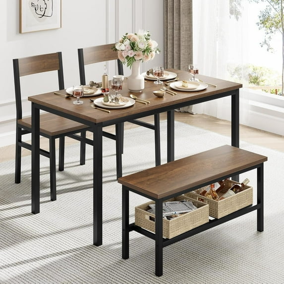 Dining Table Set for 4, Kitchen Table with 2 Chairs, Bench with Storage Rack, 4 Pieces Dining Room Table Set for Small Place, Apartment, Kitchen, Black