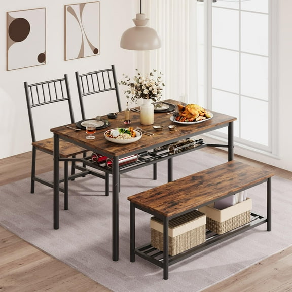 Dining Table Set for 4, Kitchen Table and 2 Chairs with Storage Bench, 47.2" Rectangular Kitchen Table Set with Wine Rack, Dining Room Table Set for Small Space, Apartment, Rustic Brown