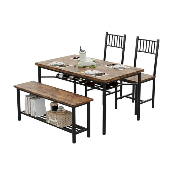 Dining Table Set for 4,Kitchen Table and 2 Chairs with Storage Bench,Rectangular Kitchen Table Set with Wine Rack,Dining Room Table Set for Small Space,Apartment