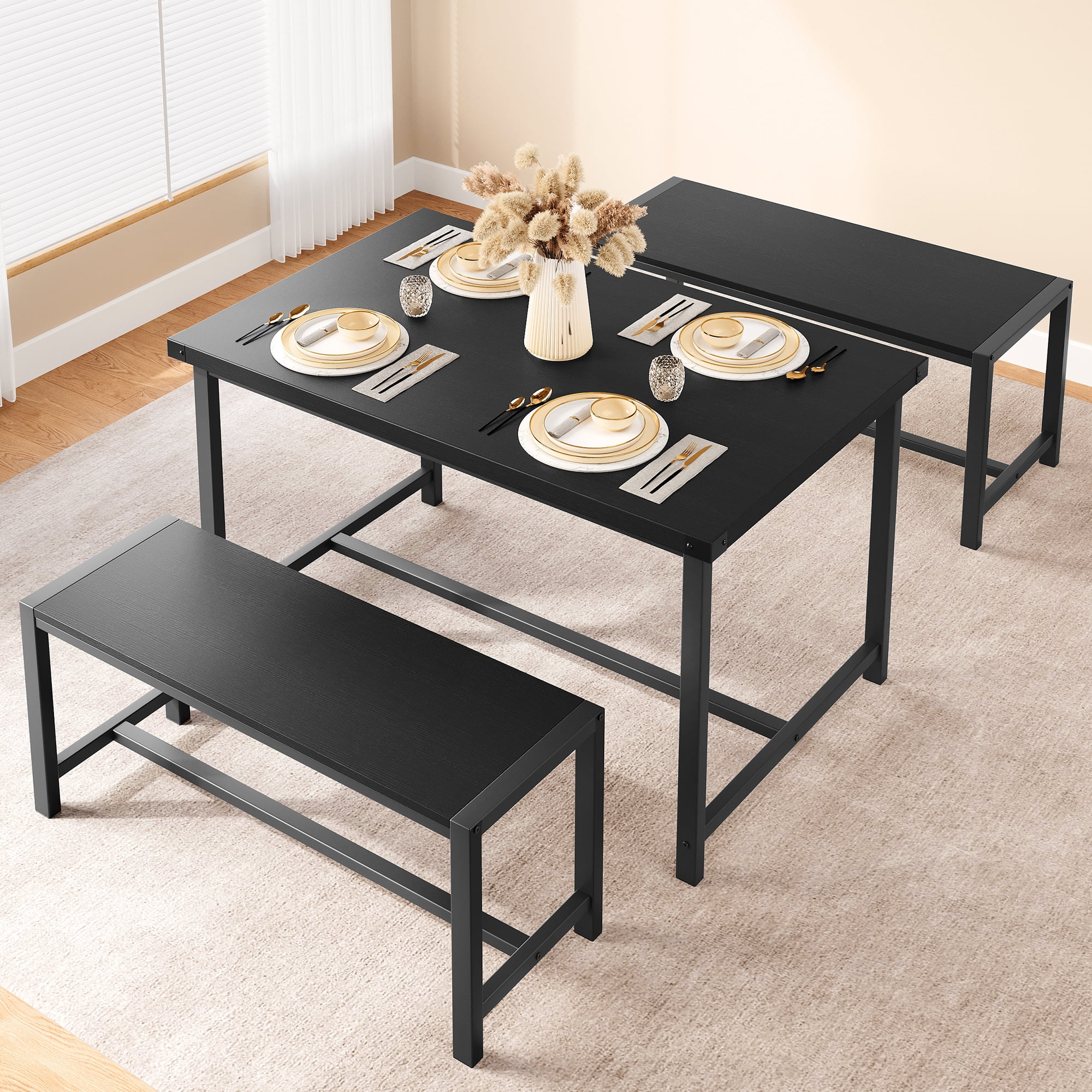 Dining Table Set for 4, Kitchen Table with 2 Metal Wood Benches ...