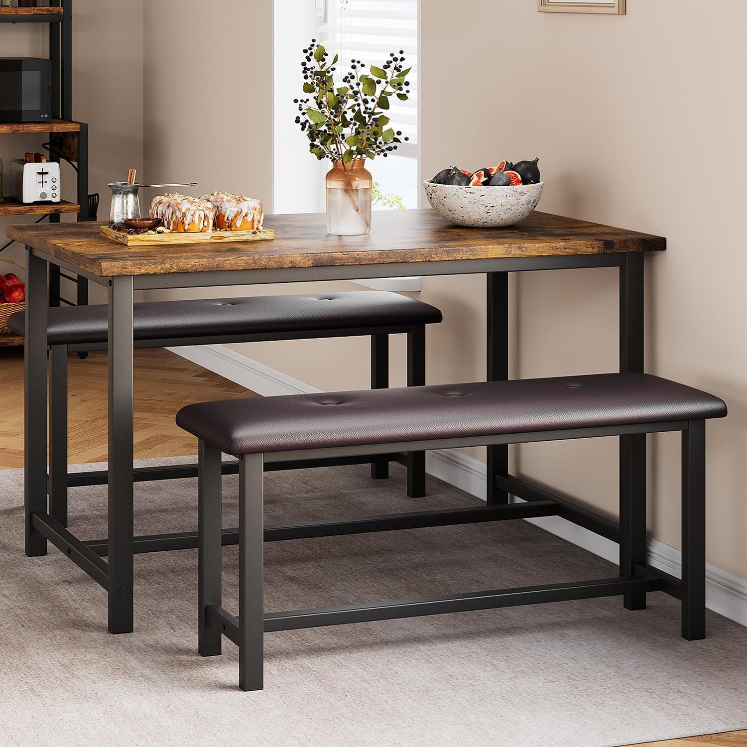 Dining Table Set for 4, Kitchen Table with 2 Upholstered Benches, Rectangular Dining Room ...