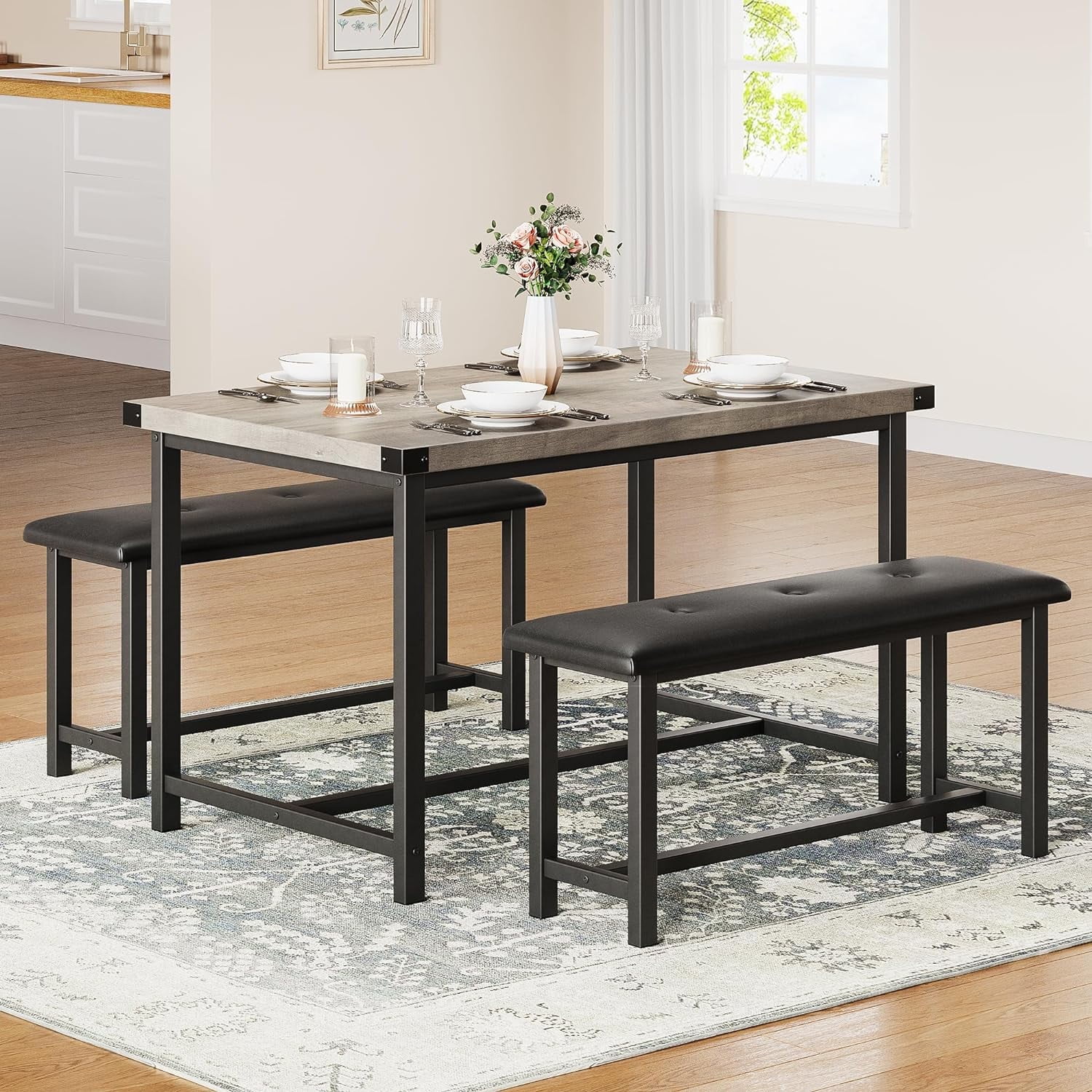 Dining Table Set for 4, Kitchen Table with 2 Upholstered Benches ...