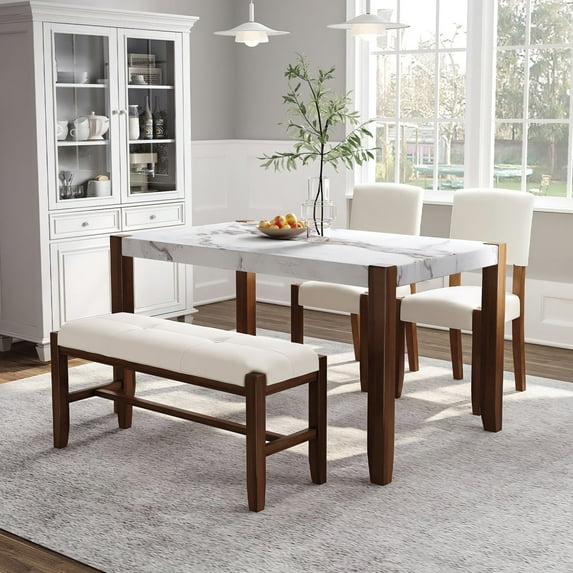 Dining Table Set for 4, Kitchen Table with 2 Upholstered Chairs & 1 Bench, 46" Faux Marble Kitchen Table and Chairs Set for Small Space, Dining Room, Off White