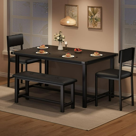 Dining Table Set for 4, Kitchen Table and 2 Upholstered Chairs with Bench, Wooden Rectangular Dining Room Set, for Small Space, Apartment, Home, Easy Assembly, Rustic Black