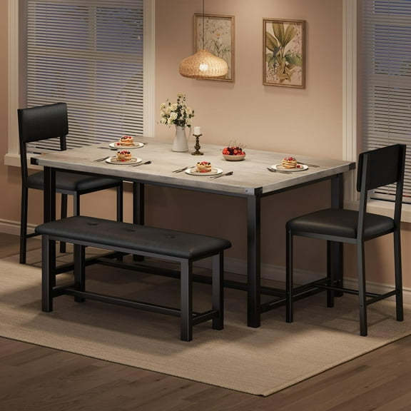 Dining Table Set for 4, Kitchen Table and 2 Upholstered Chairs with Bench, Wooden Rectangular Dining Room Set, for Small Space, Apartment, Home, Easy Assembly, Rustic Gray