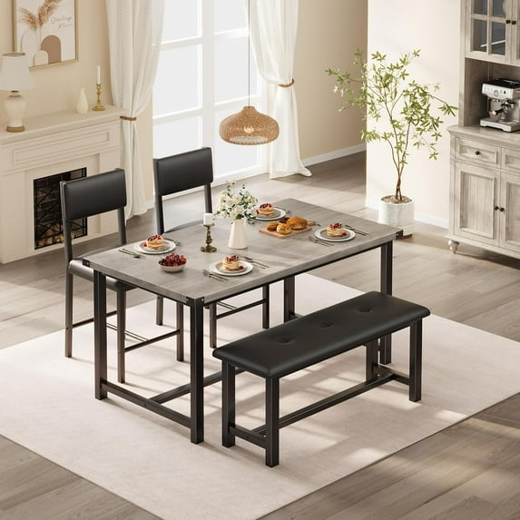Dining Table Set for 4, Kitchen Table and 2 Upholstered Chairs with Bench, Wooden Rectangular Dining Room Set, for Small Space, Apartment, Home, Easy Assembly