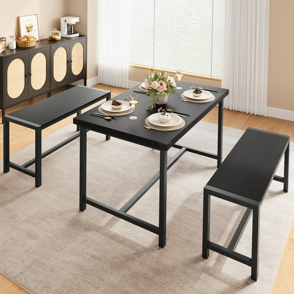 Dining Table Set for 4, Kitchen Table with Benches, Rectangular Dining Room Table Set with 2 Metal Wood Benches, 3 Piece Dining Table Set for Small Space, Apartment, Dinette, Retro Black