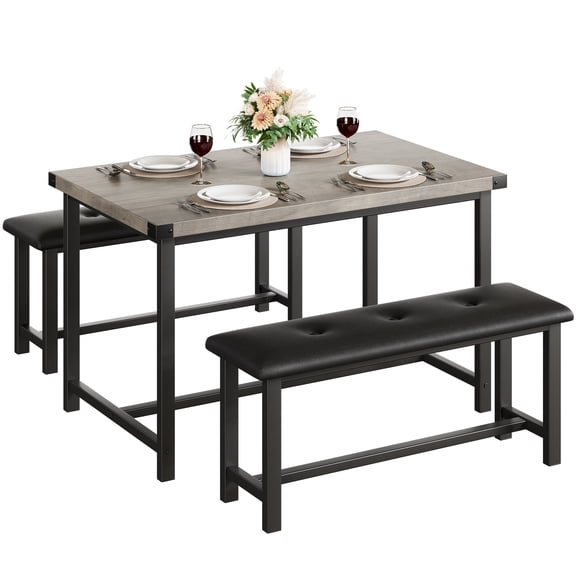Dining Table Set for 4, Kitchen Table with Benches, Rectangular Dining Room Table Set with Upholstered Benches, 3 Piece Kitchen Table Set for Small Space, Apartment, Rustic Brown