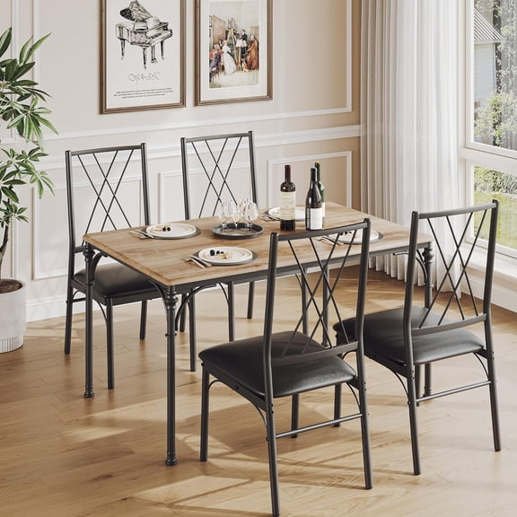 Dining Table Set for 4, Kitchen Table and Chairs for 4 with Padded Seats, 5Pcs Dining Room Table Set with Roman Columns for Small Space, Home Kitchen, Apartment-Burlywood