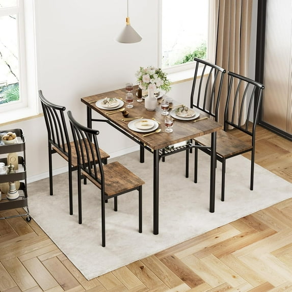 Dining Table Set for 4, Kitchen Table and Chairs for 4 with Wine Rack, Dining Room Table Set with 4 Chairs, Rectangular Kitchen Table Set for Small Space, Apartment, Rustic Brown