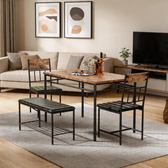 Dining Table Set for 4, Kitchen Table and Chairs Set with Upholstered Bench and 2 Chairs,Rustic Dining Room Table Set for 4, Space-Saving Kitchen Table Set with Steel Frame for Small Spaces, Brown