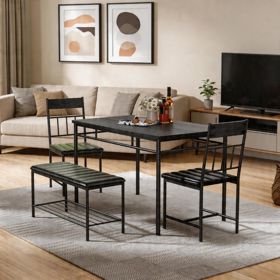 Dining Table Set for 4, Kitchen Table and Chairs Set with Upholstered Bench and 2 Chairs, Rustic Dining Room Table Set for 4, Space-Saving Kitchen Table Set with Steel Frame for Small Spaces,Black
