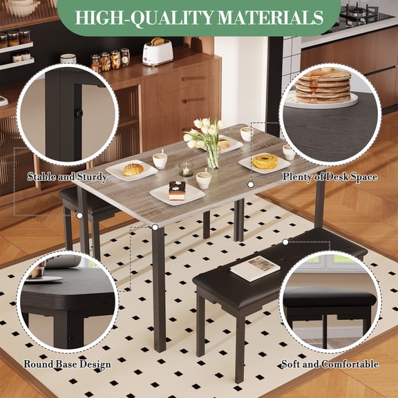 Dining Table Set for 4, Kitchen Table Set with 2 Upholstered Benches, Dining Room Table with MDF Wood Board & Steel Frame for Small Space, Apartment, Restaurant, Bar, Easy Assembly