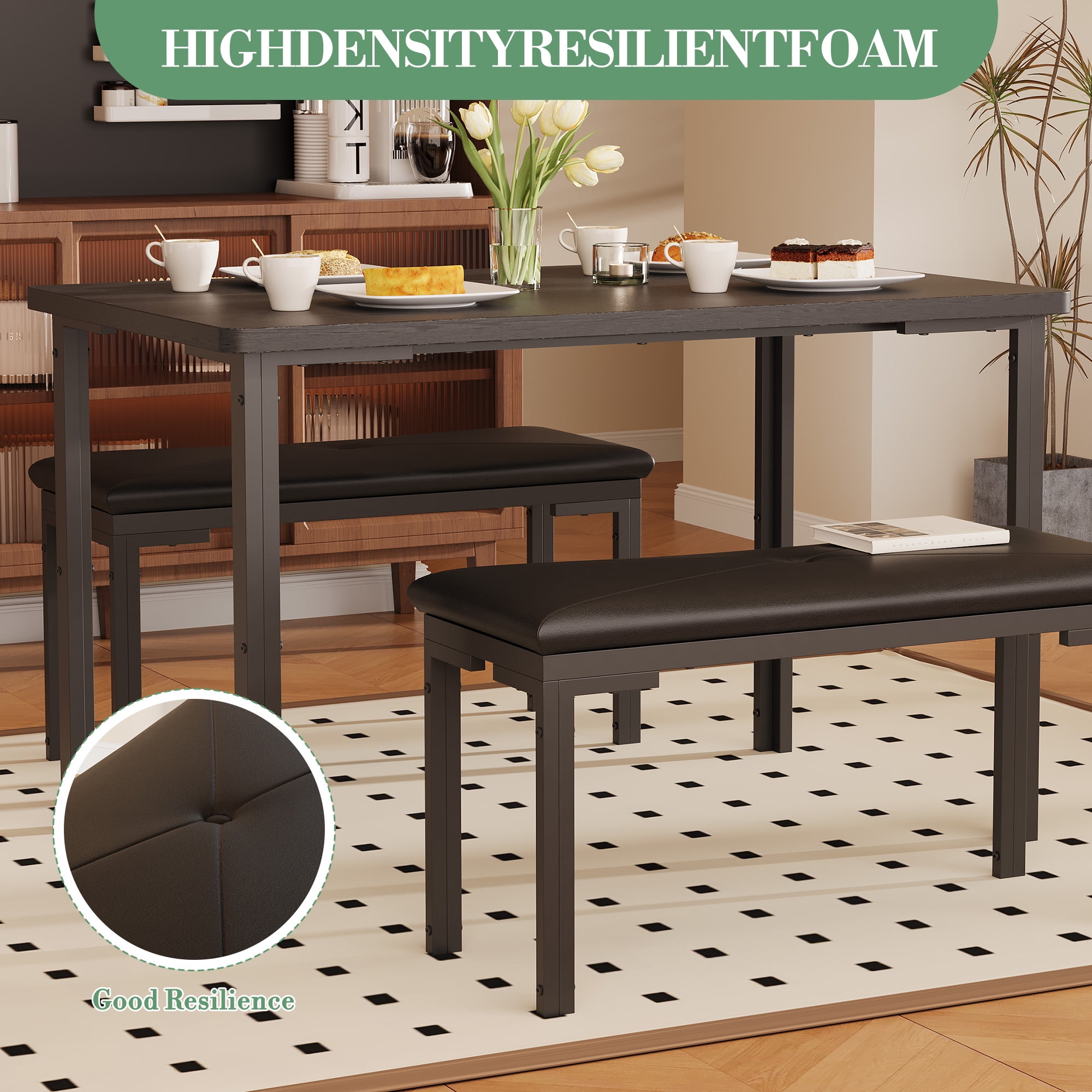 Dining Table Set for 4, Kitchen Table Set with 2 Upholstered Benches ...