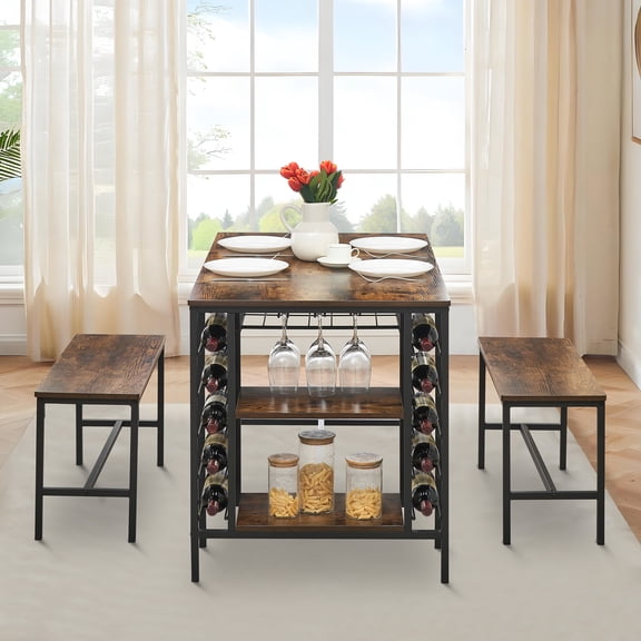 Dining Table Set for 4, Kitchen Table Set for 4 with 2 Benches, Rectangular Dining Room Table Set with Wine Rack & Storage Shelves, 3 Piece Dining Table Set for Small Space