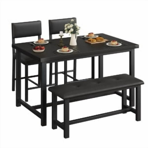 Dining Table Set for 4, Kitchen Table with Upholstered Bench and 2 Chairs,Kitchen Table and Chairs Set Wooden Rectangular Dining Room Set, for Small Space, Apartment, Home, Easy Assembly, Rustic Brow
