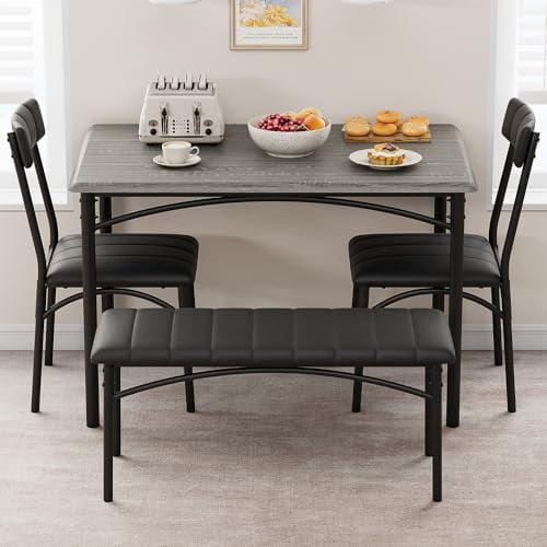 Dining Table Set for 4, Kitchen Table with Upholstered Chairs and Bench, 4-Person Dining Room Table Set, Rectangular Kitchen Table Set for Small Space, Apartment, Home, Studio