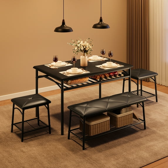 Dining Table Set for 4, Kitchen Table Set with Upholstered Bench and Square Stools, Metal and Wood Dining Room Table Set with Storage Shelves for Small Space, Apartment