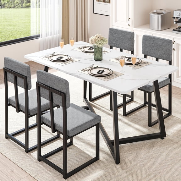 Legahome Dining Table Set for 4, Modern 5-Piece Faux Marble Dining Set, Compact Rectangle Kitchen Table and Chairs Set for Couples, Small Families,White Tabletop + Gray Linen Chairs