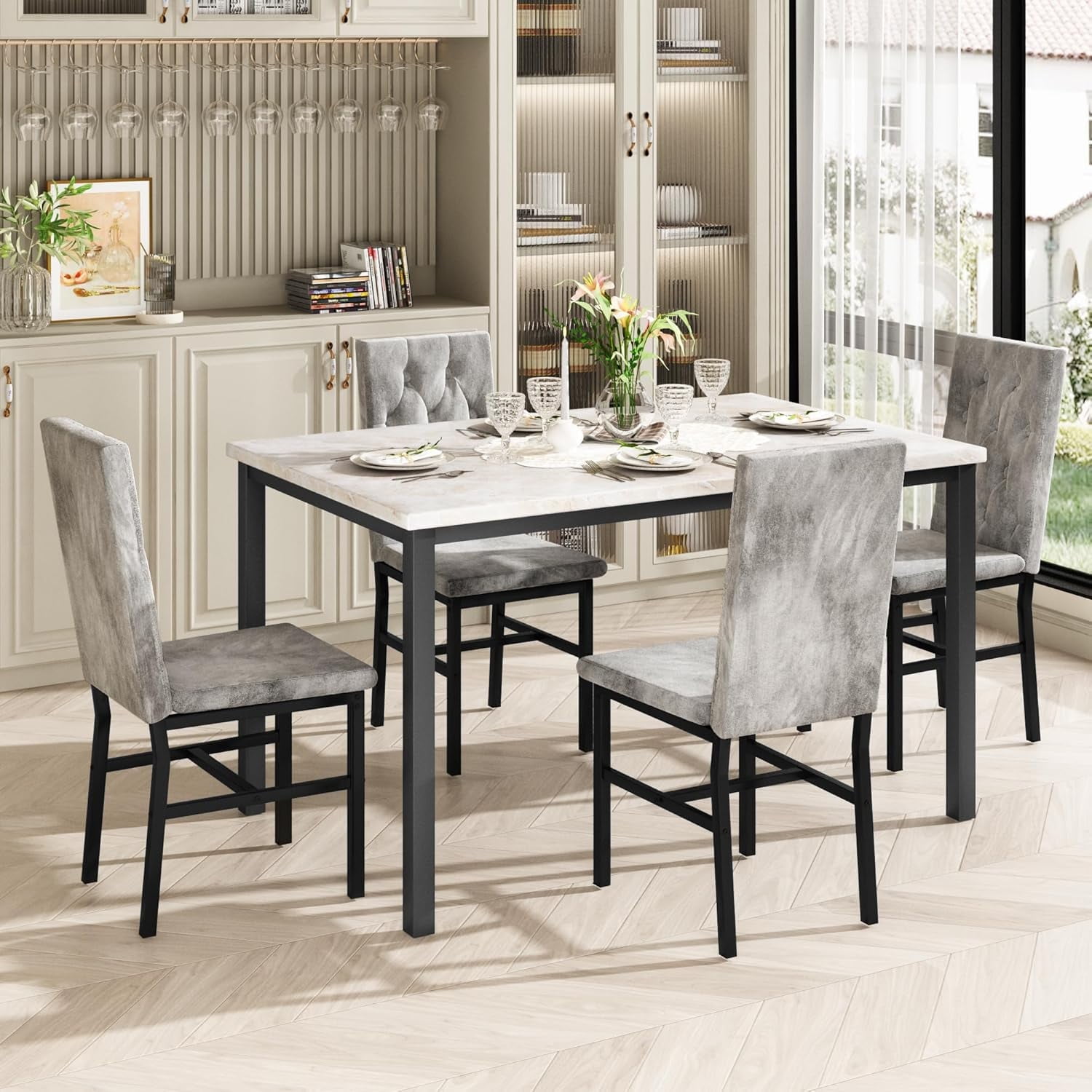 Dining Table Set for 4, Marble Kitchen Table Set, Western European Style with 4 Tufted Dining ...