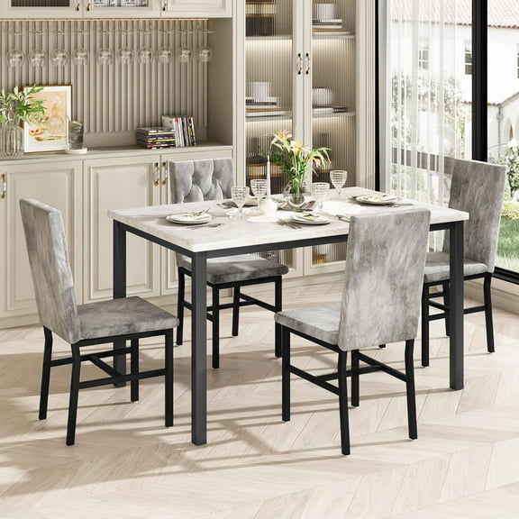 Dining Table Set for 4, Marble Kitchen Table Set, Western European Style with 4 Tufted Dining Chairs for, Small Spaces, Apartments, Breakfast Corners, Kitchens and Dining Rooms (white/gray)