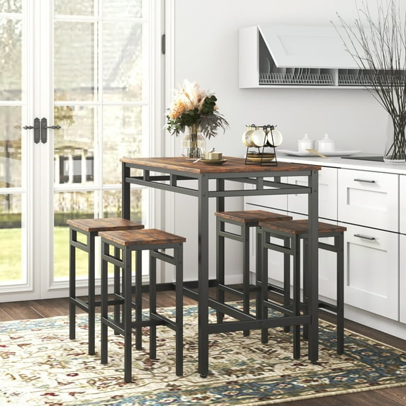 Dining Table Set for 4, Metal Counter Height Dining Set 1 Table & 4 Stools, Rustic Brown Kitchen Bar Table Set, Modern Style Table Set for Apartment Farm House Small Spaces