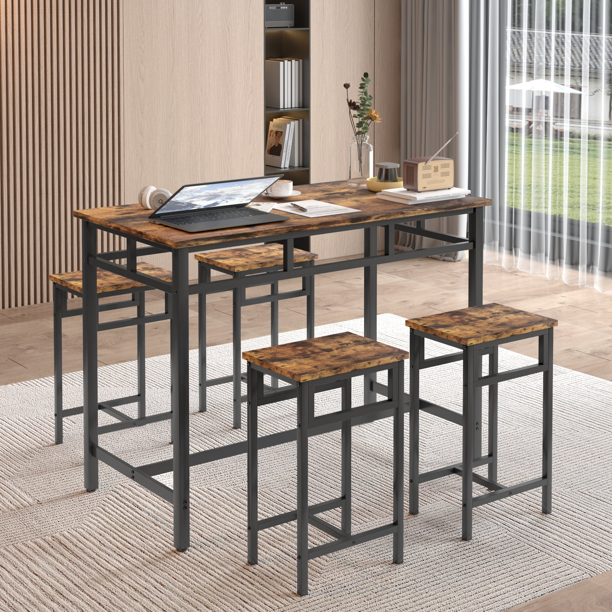 Dining Table Set for 4, Metal Counter Height Dining Set 1 Table & 4 ...