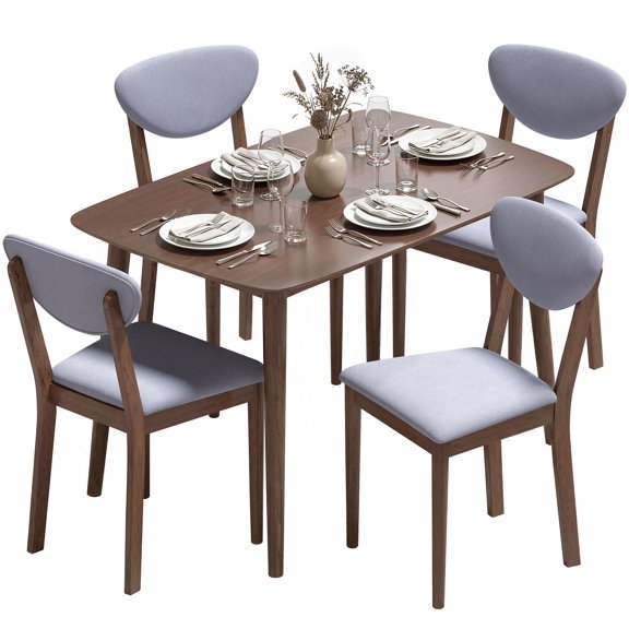 Dining Table Set for 4, Mid-Century Modern Kitchen Table and Chairs with Rubberwood Frame and MDF, Walnut Finish with Light Gray Linen-Look Upholstered Seats for Small Apartments