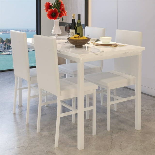 Dining Table Set for 4, Modern 5 Piece Dining Table Sets with Beige PU Leather Chairs, Heavy Duty Rectangular Kitchen Table Set with White Tabletop for Home, Kitchen, Living Room, Restaurant, CL629